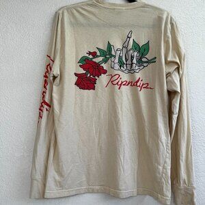RIPNDIP Shirt Mens Medium Beige Skeleton Middle Finger Long‎ Sleeve Tee